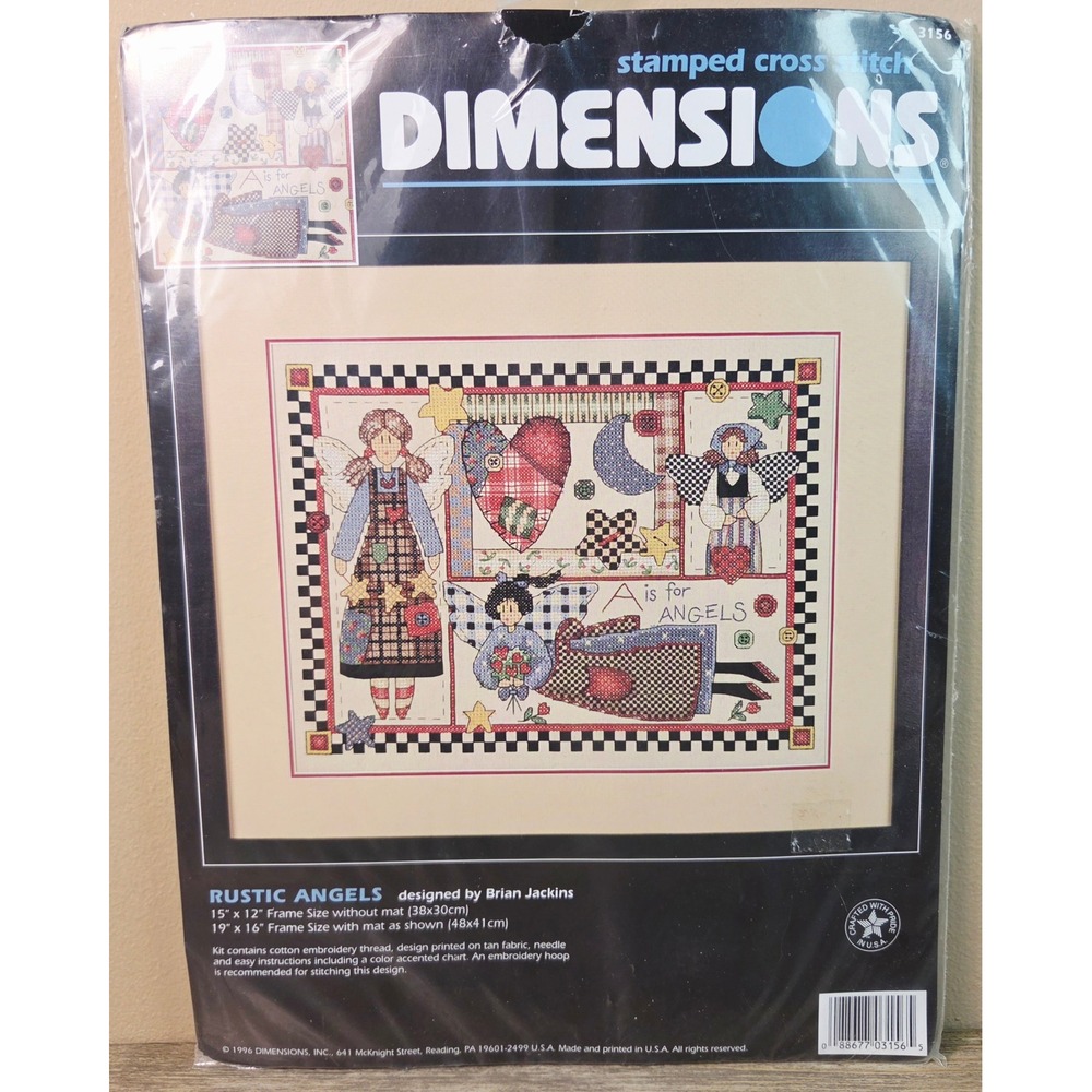 Dimensions Rustic Angels Stamped Cross Stitch Kit 3156 Vintage 1996 Folk Art New